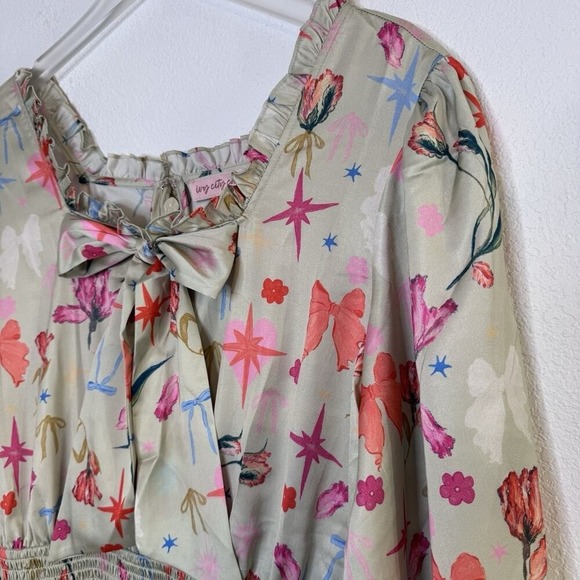 Ivy City Co XL Dress Midi Ruffle Bow Star Floral Print Satin Long Sleeve - Picture 8 of 14